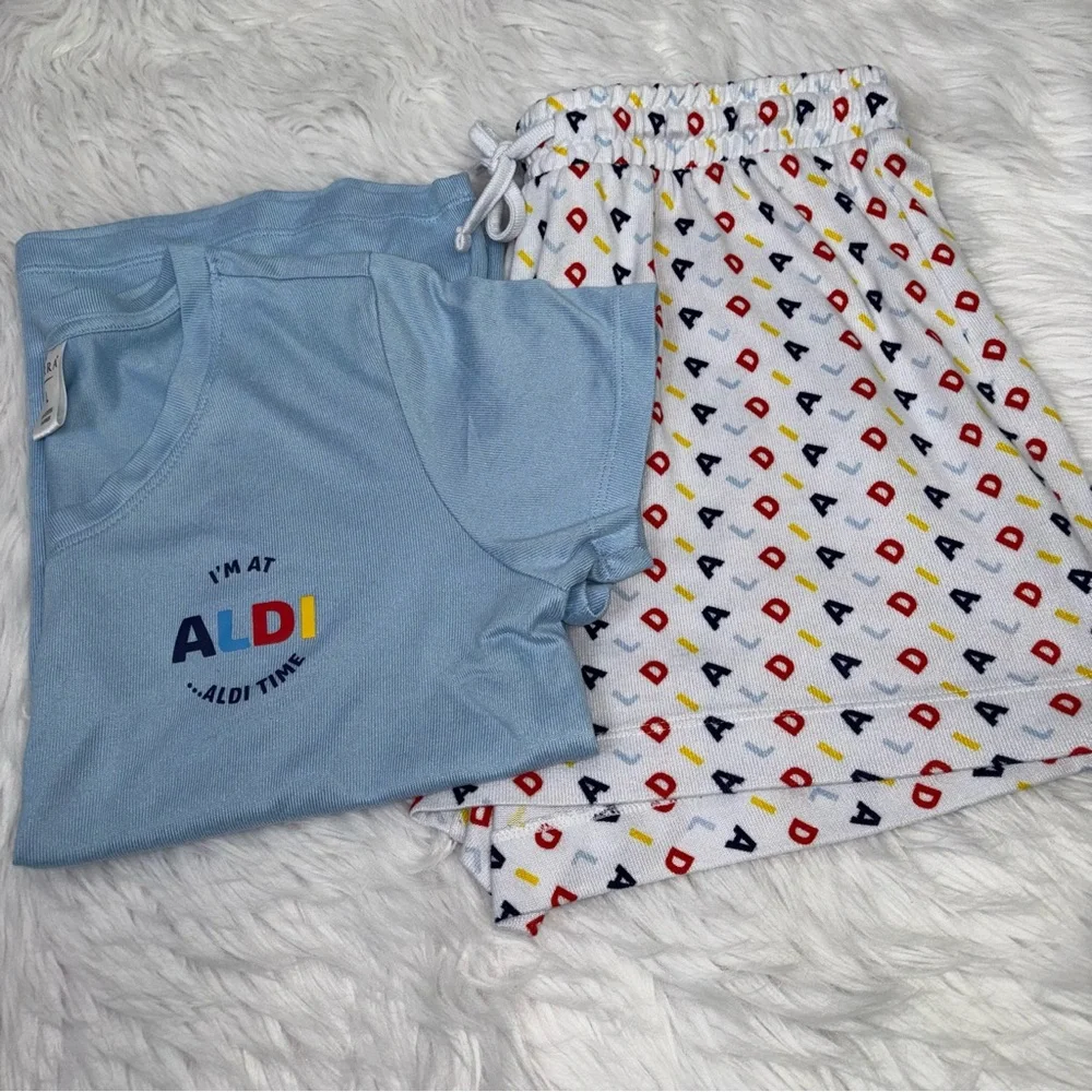 ALDI Pajama Set ~ Women’s Large ~ Serra Brand ~ Shorts & T-Shirt‎ ~ Blue White